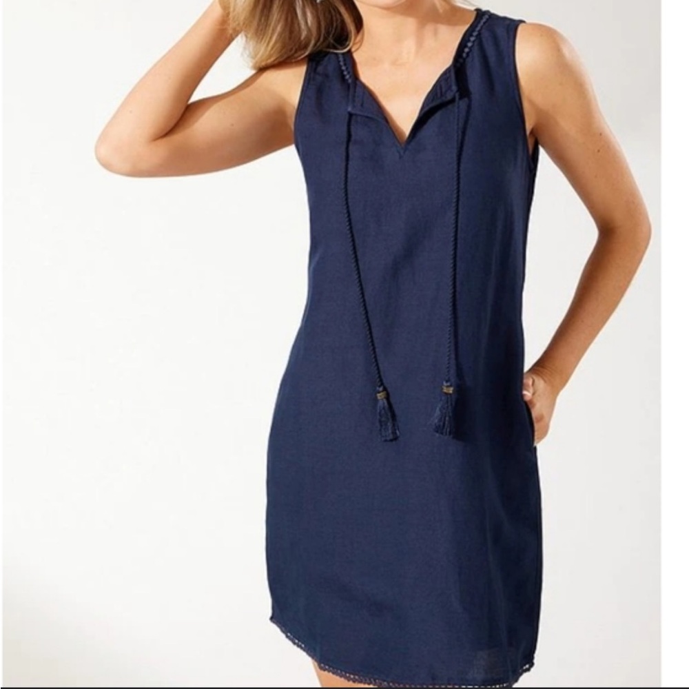 Tommy Bahama St. Lucia Linen-Blend Split-Neck Shift Dress In Navy Blue Size XS